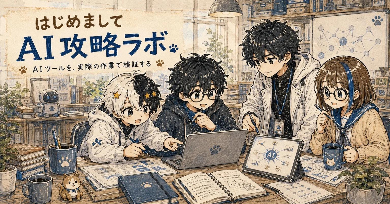 AIツールを机で検証する4人のキャラクターと小型ロボットのイラスト