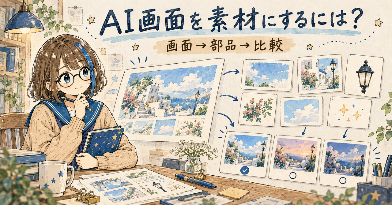 AIで作った画面から素材を分け、候補を比較する流れを描いた表紙